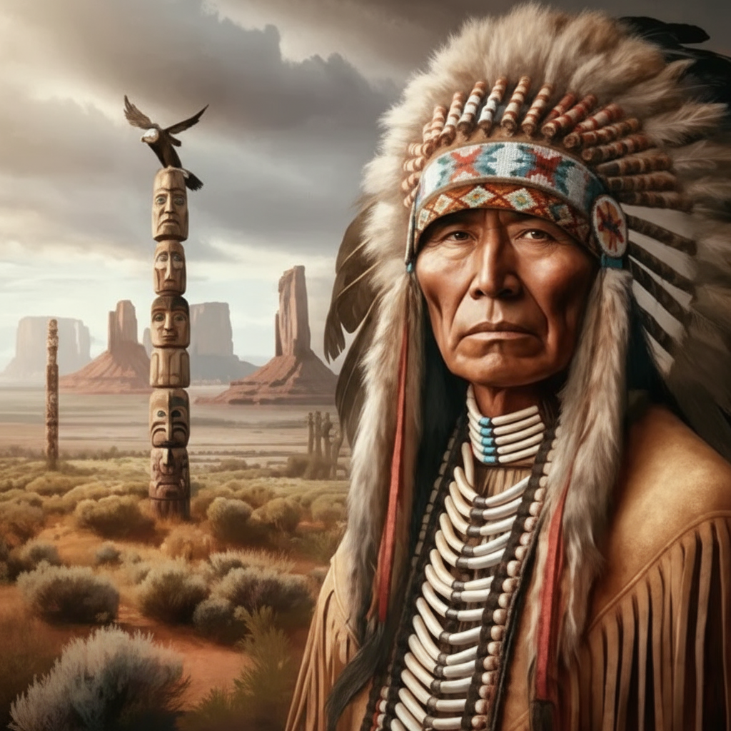Native American chief wearing feathered war bonnet headdress and bone choker with totem pole eagle and Monument Valley red rock buttes in desert landscape - Native American name generator for fantasy RPG characters