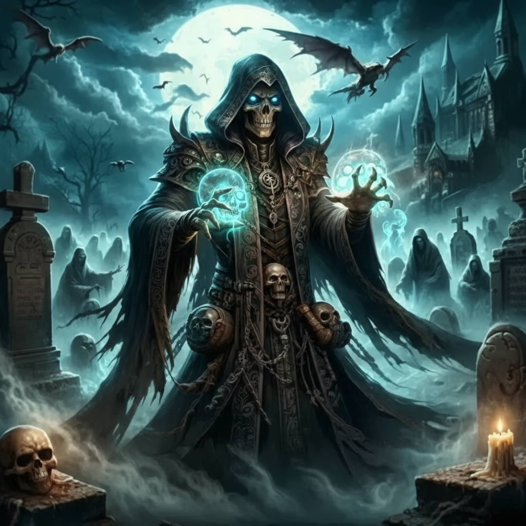 Skeletal necromancer with glowing blue eyes summoning spirits in moonlit graveyard - dark fantasy necromancer name generator inspiration
