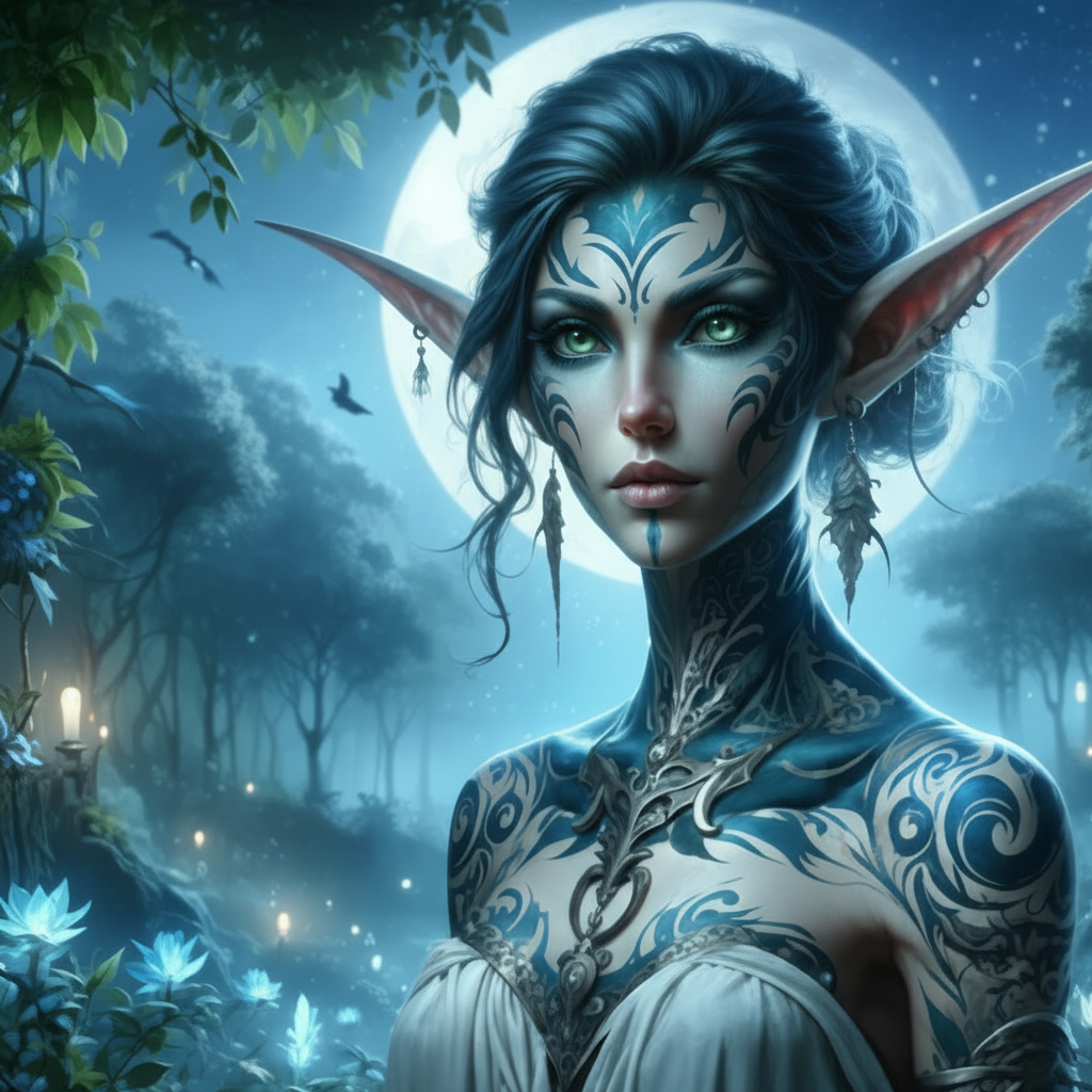 Night elf name generator - mystical night elf with blue skin, glowing green eyes, intricate tribal tattoos, and pointed ears under moonlight for DnD WoW RPG