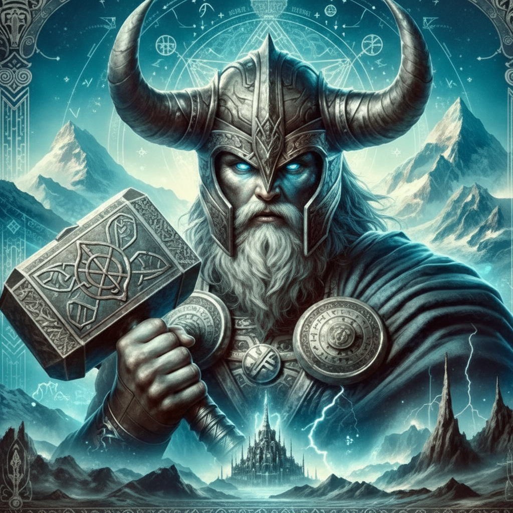 Norse god name generator - powerful Viking deity with horned helmet glowing blue eyes holding runic Mjolnir hammer with Asgard mountains and lightning for mythology fantasy RPG