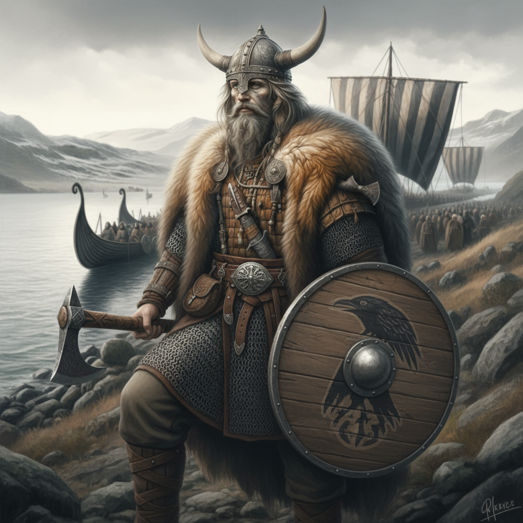 Viking warrior with battle axe and raven shield standing at fjord with longships - Norse name generator inspiration
