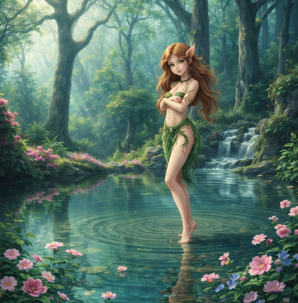 Beautiful forest nymph with flowing auburn hair and pointed ears wearing leaf clothing standing in serene pool with waterfall and flowers - Nymph name generator for Greek mythology