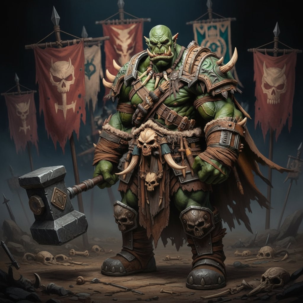Massive green-skinned orc warchief with tusks wearing bone and leather armor holding stone war hammer with skull banners - Orc name generator for DnD and Warcraft