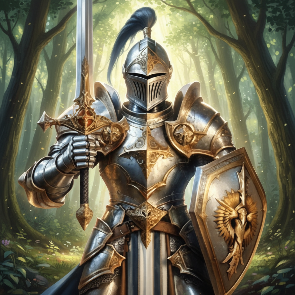 Noble paladin in ornate silver and gold armor holding sword and eagle shield in enchanted forest - DnD paladin name generator inspiration