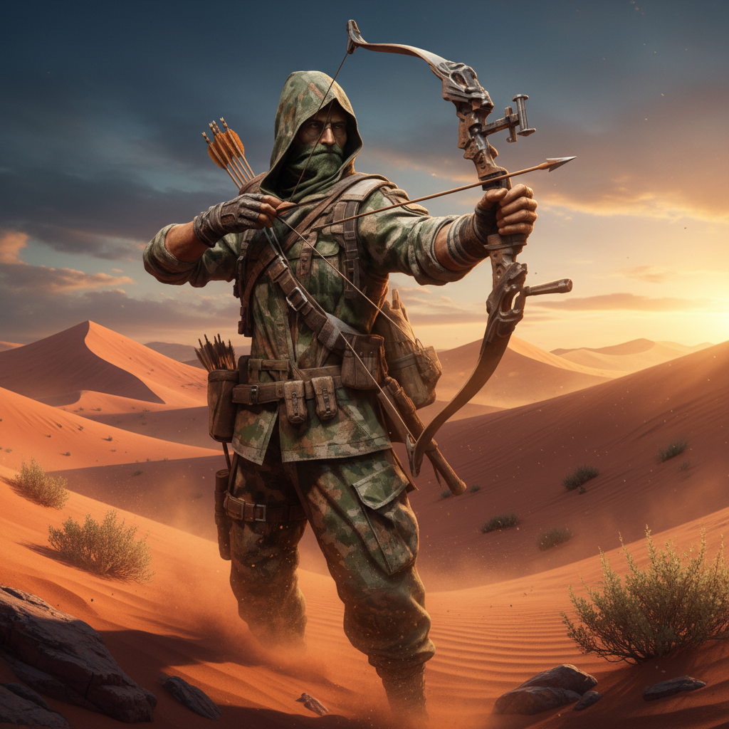 Hooded ranger archer aiming compound bow in desert sand dunes at sunset - DnD ranger name generator inspiration
