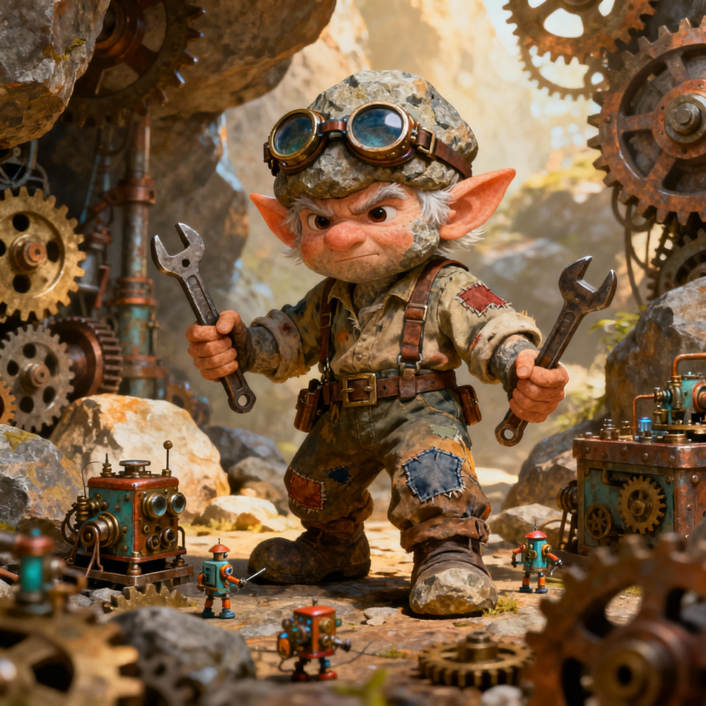 Rock gnome tinker with goggles and stone helmet holding wrenches in cave workshop with clockwork robots and rusty gears - Rock gnome name generator for DnD and fantasy RPG