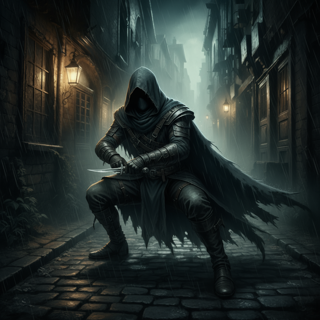 Hooded rogue crouching with dagger in dark rainy medieval alley at night - DnD rogue name generator inspiration
