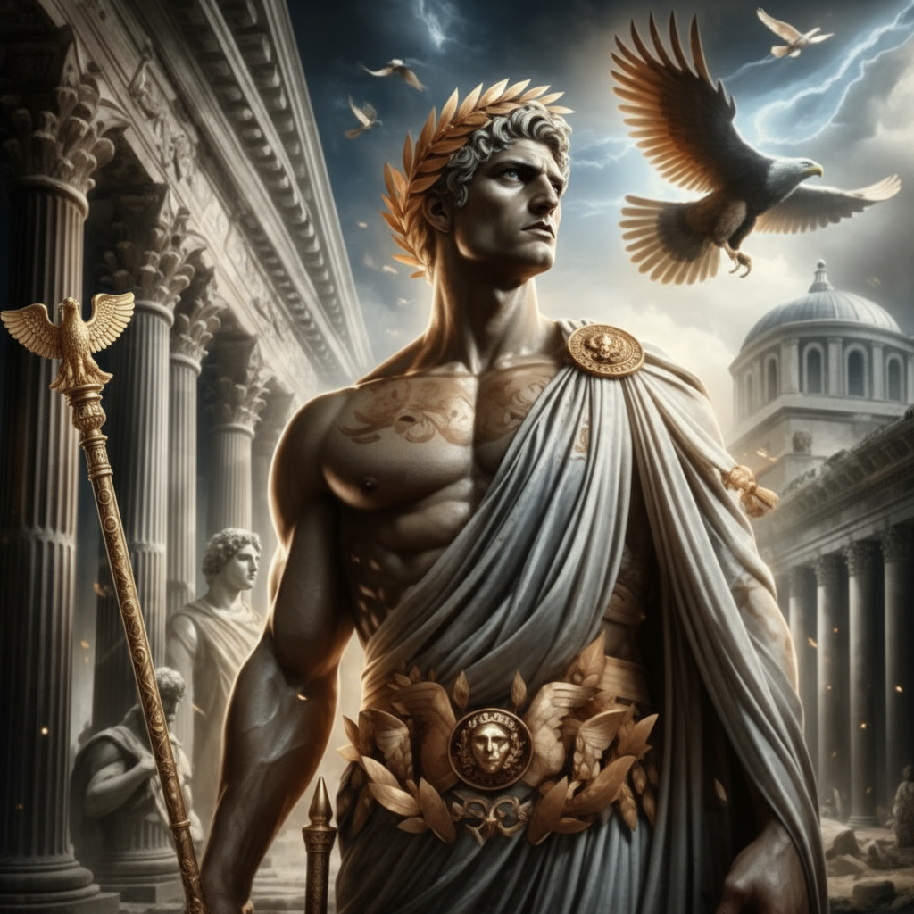 Roman god name generator - powerful Jupiter deity with golden laurel crown white toga holding eagle scepter with flying aquila and classical temple columns for mythology fantasy RPG