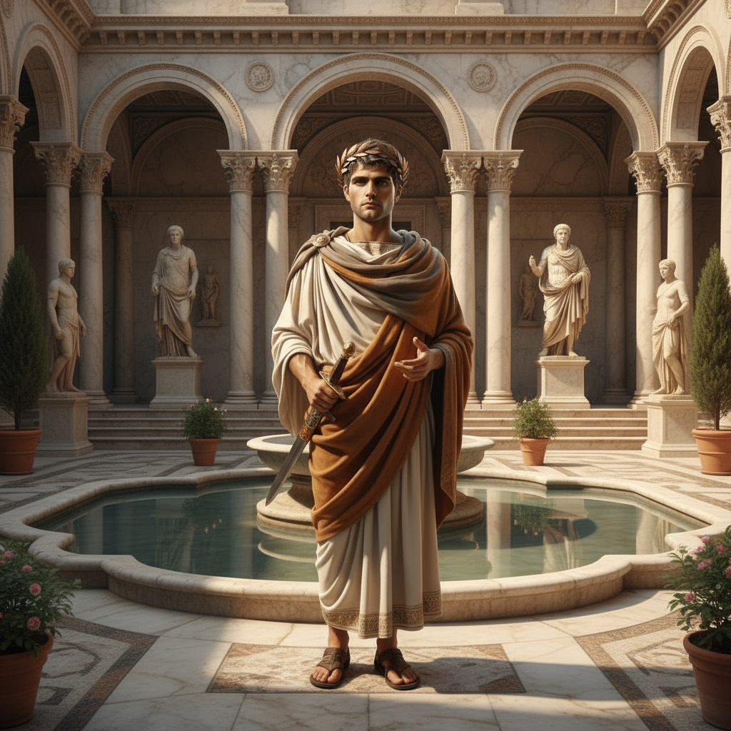 Roman nobleman wearing laurel wreath and toga standing in marble villa courtyard with statues - Roman name generator inspiration