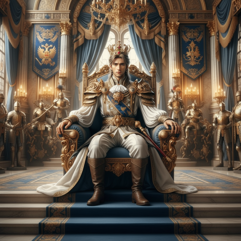 Young king wearing golden crown seated on ornate throne in royal palace - fantasy royal name generator inspiration