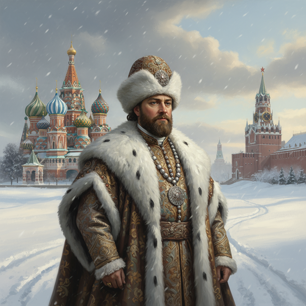 Russian Tsar or Boyar nobleman wearing ermine fur robe and ornate shapka hat with St Basils Cathedral and Kremlin tower in snowy Red Square Moscow - Russian name generator for fantasy RPG characters