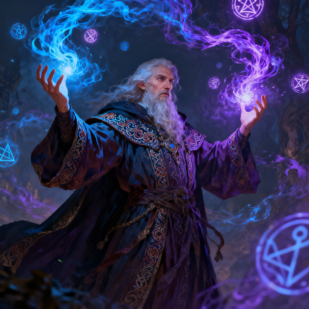 Elderly sorcerer with white beard channeling blue and purple arcane magic with floating runes - DnD sorcerer name generator inspiration