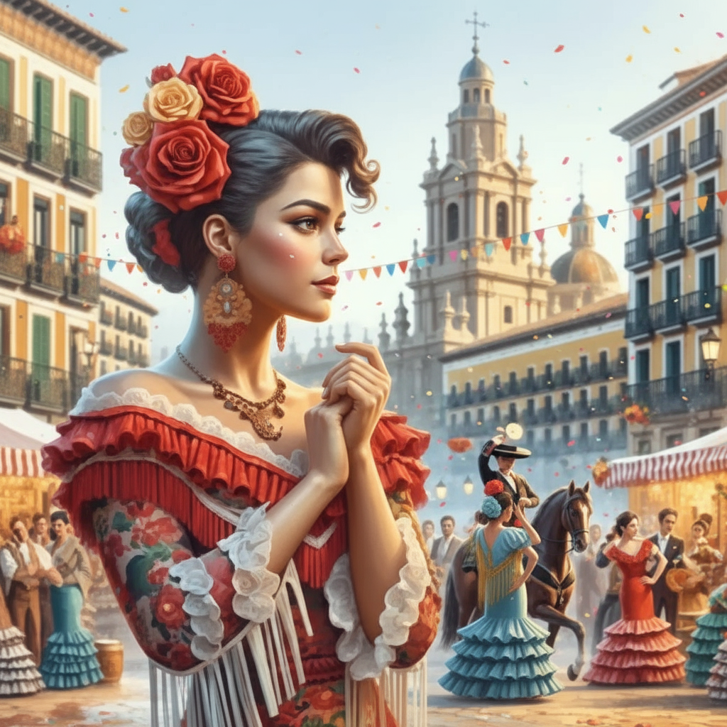 Spanish woman wearing red flamenco dress with roses in hair and lace ruffles at Seville feria festival with cathedral plaza dancers and horseman - Spanish name generator for fantasy RPG characters