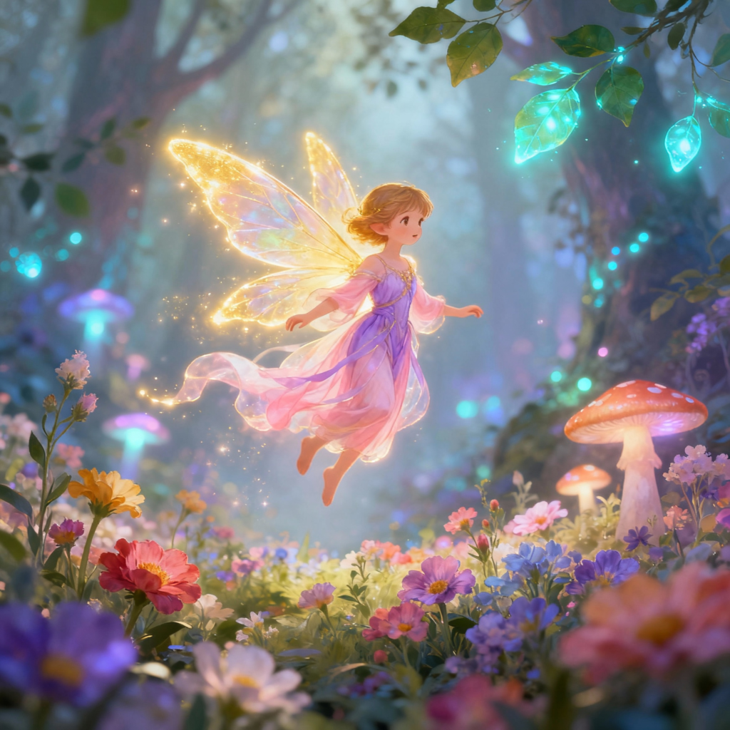 Delicate sprite with golden glowing butterfly wings in flowing pink dress hovering over enchanted flower meadow with glowing mushrooms - Sprite name generator for fantasy RPG