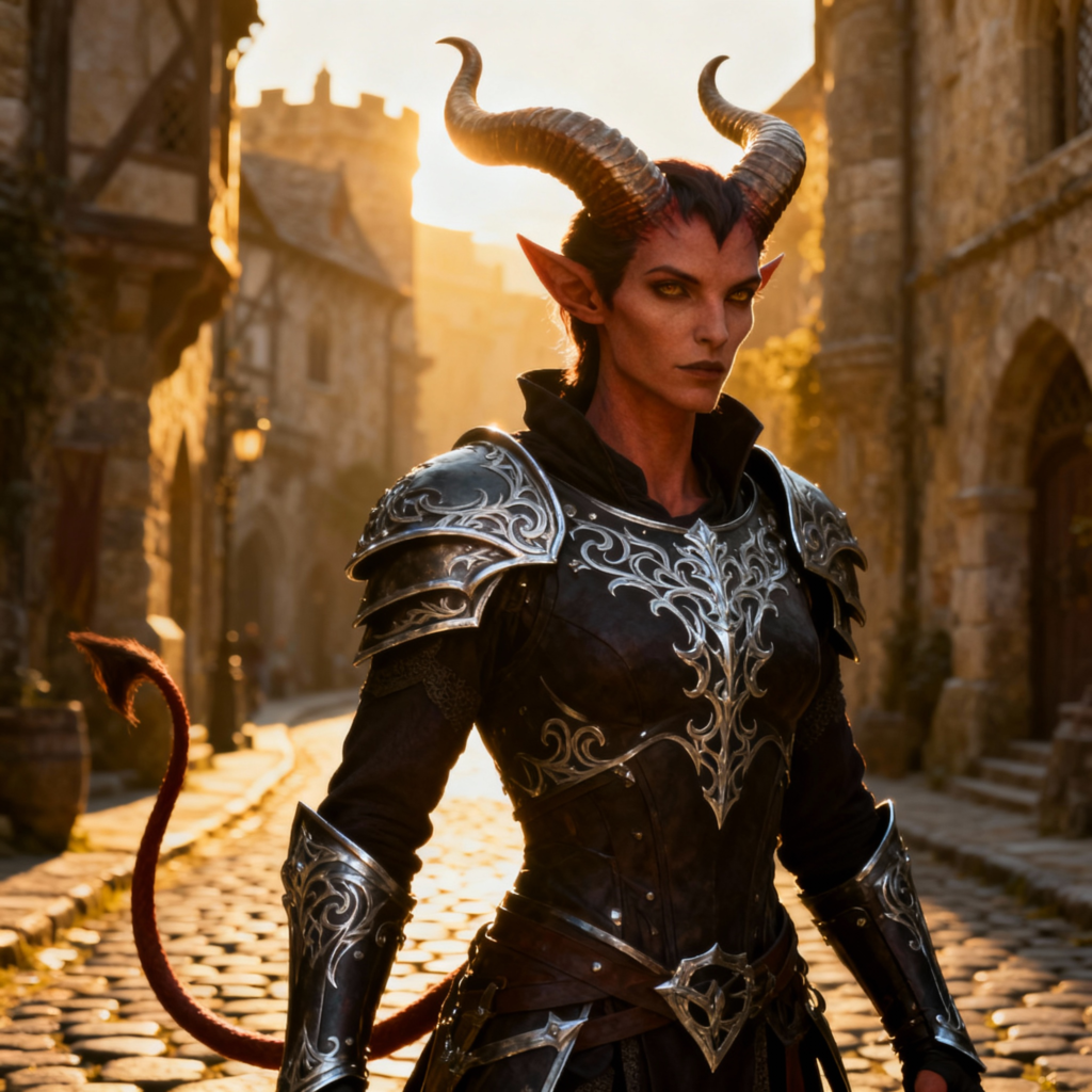Tiefling with curved horns pointed ears and devil tail wearing ornate black silver armor in medieval cobblestone city at golden hour - Tiefling name generator for DnD