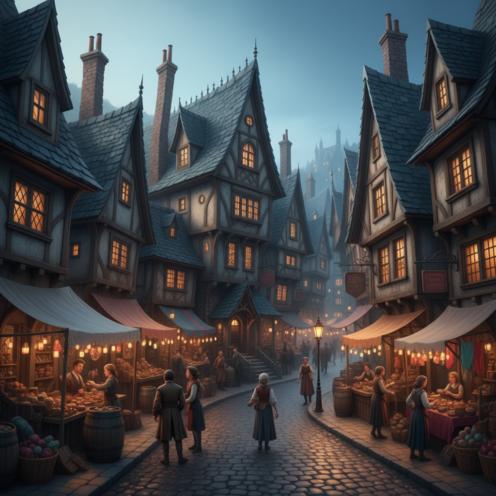 Bustling medieval fantasy town market square at dusk with Tudor half-timbered buildings, cobblestone street, merchant stalls, and lantern lights - Town name generator for DnD