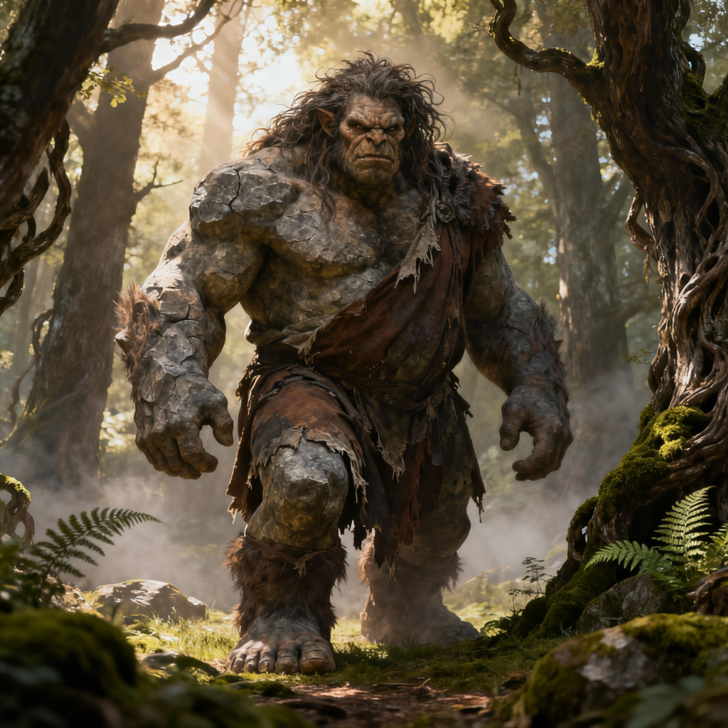 Massive stone-skinned troll with wild dark hair and rocky hide wearing tattered primitive clothing in misty mossy forest - Troll name generator for DnD and fantasy RPG
