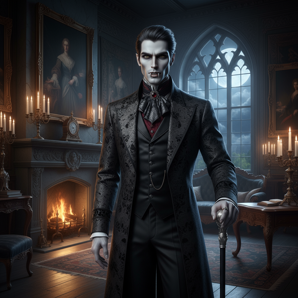 Vampire name generator - aristocratic vampire lord with pale skin, fangs, Victorian gothic attire, silver cane in moonlit manor for DnD fantasy RPG