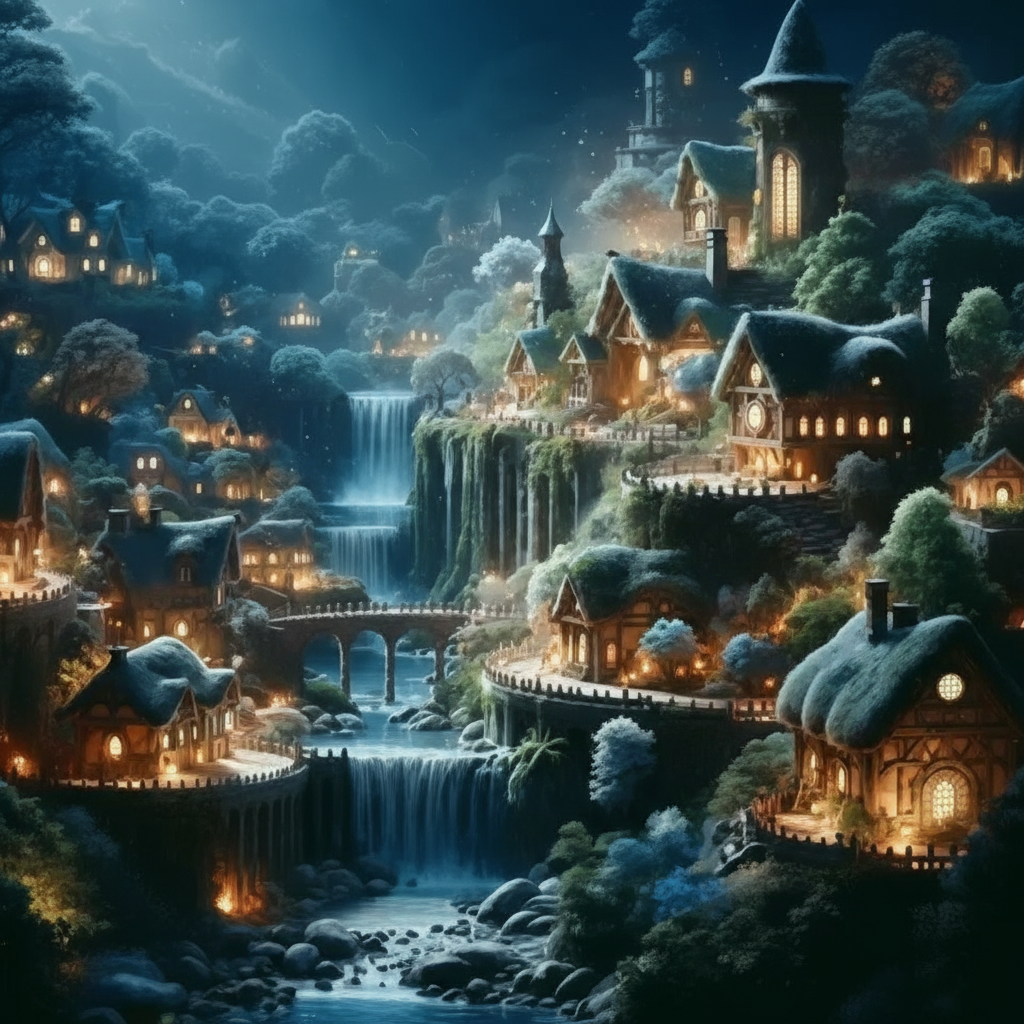 Enchanting fantasy village at night with glowing thatched cottages, cascading waterfalls, stone bridges, and towers nestled in forested hills - Village name generator for DnD