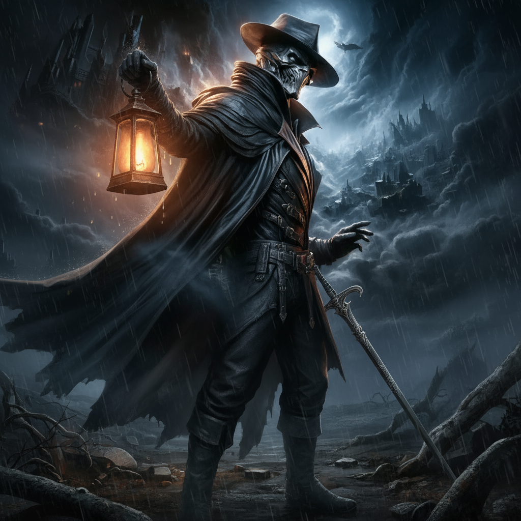 Dark villain figure in plague doctor mask and hat holding lantern with cane sword in stormy gothic castle ruins - Villain name generator for RPG and DnD antagonists