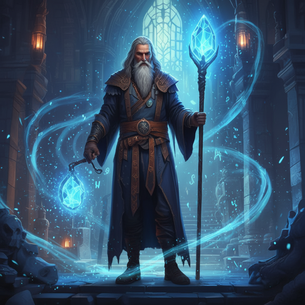 Bearded warlock holding crystal staff with swirling blue eldritch magic in dark gothic tower - DnD warlock name generator inspiration