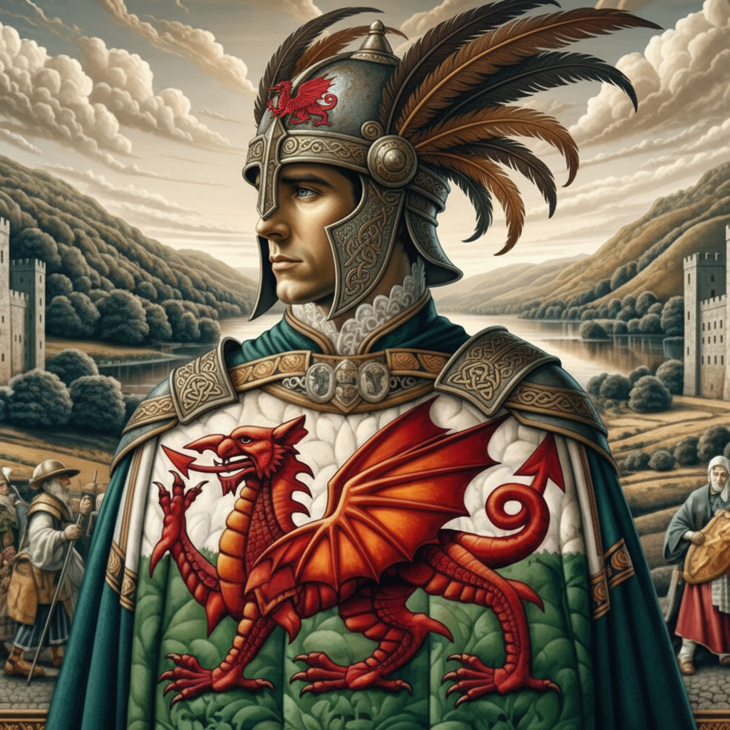 Welsh warrior wearing Celtic armor with red dragon Y Ddraig Goch emblem and feathered helmet standing near medieval castle in Wales countryside - Welsh name generator for fantasy RPG characters