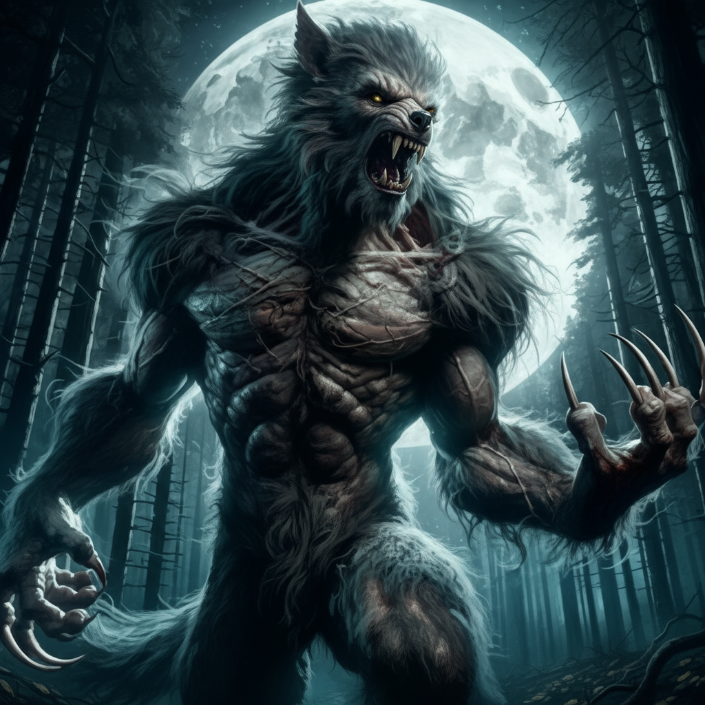 Werewolf name generator - ferocious werewolf with grey fur, sharp claws, fangs howling under full moon in dark forest for DnD fantasy RPG