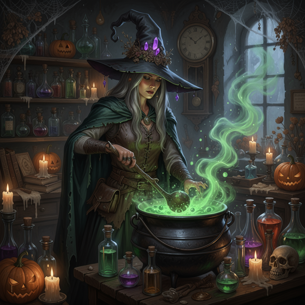 Fantasy witch stirring glowing green potion in cauldron - witch name generator inspiration