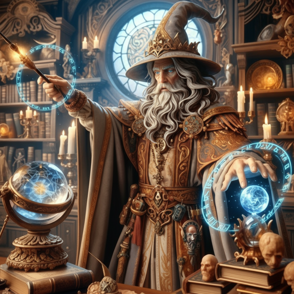 Classic wizard with pointed hat casting spells with wand and crystal ball in magical library study - DnD wizard name generator inspiration