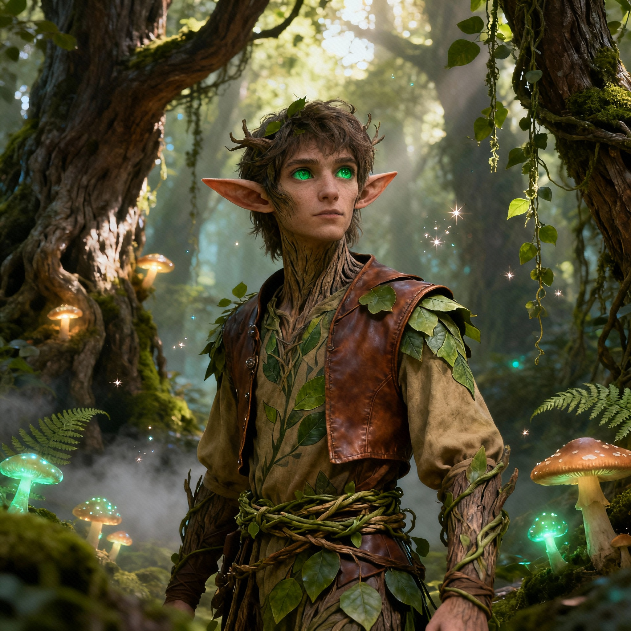 Wood elf name generator - forest elf with glowing green eyes, leaf vine clothing, bark skin texture in magical woodland with glowing mushrooms for DnD RPG