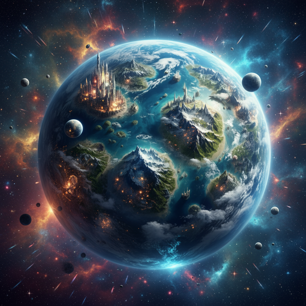 Fantasy planet from space with continents, towering mountains, glowing cities, orbiting moons, and colorful nebula - World name generator for sci-fi and fantasy RPG