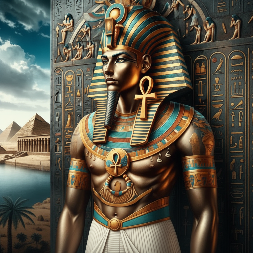Egyptian god name generator - majestic pharaoh deity with golden nemes headdress ankh symbol and turquoise collar standing before pyramids hieroglyphics and Nile river for mythology fantasy RPG