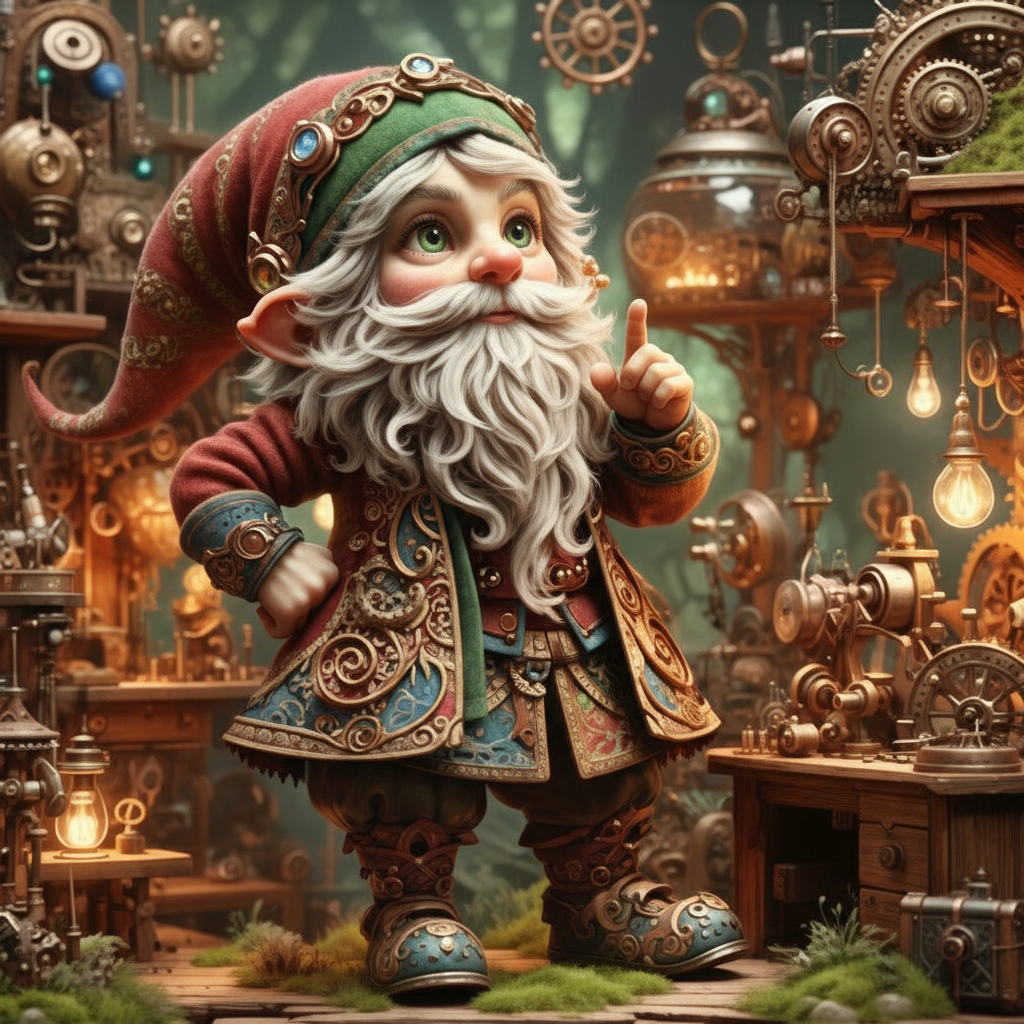Whimsical gnome inventor with white beard and pointed cap in steampunk workshop with gears cogs and brass machinery - Gnome name generator for DnD and fantasy RPG