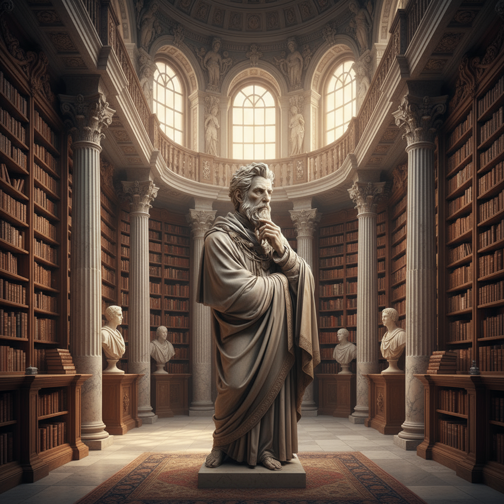 Wise mentor philosopher statue in toga in ancient grand library with Roman columns marble busts and bookshelves - Mentor name generator for RPG sage and wizard characters