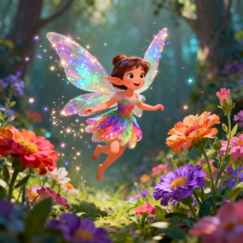 Adorable pixie with rainbow iridescent wings flying joyfully in colorful flower garden with magical sparkles - Pixie name generator for DnD and fairy tale fantasy